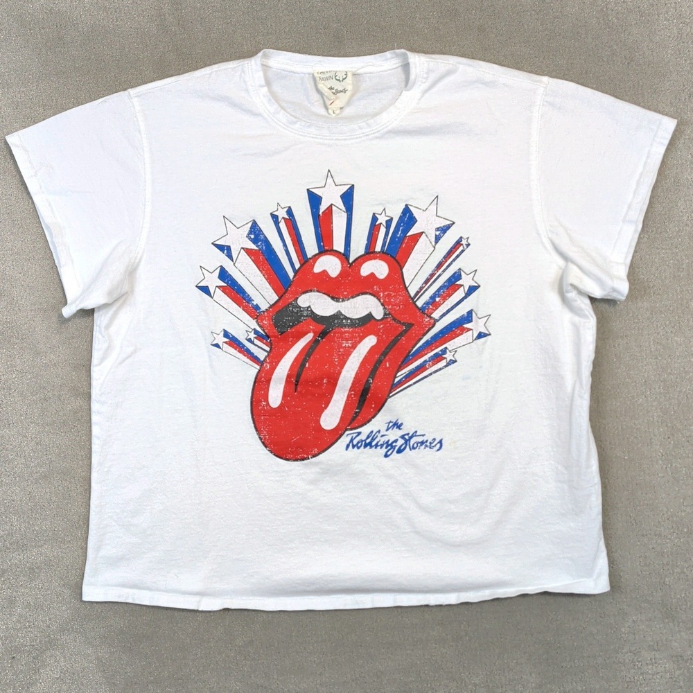 Fantastic Fawn Rolling Stones T Shirt Womens L White Boxy Graphic Rock Band Tee
